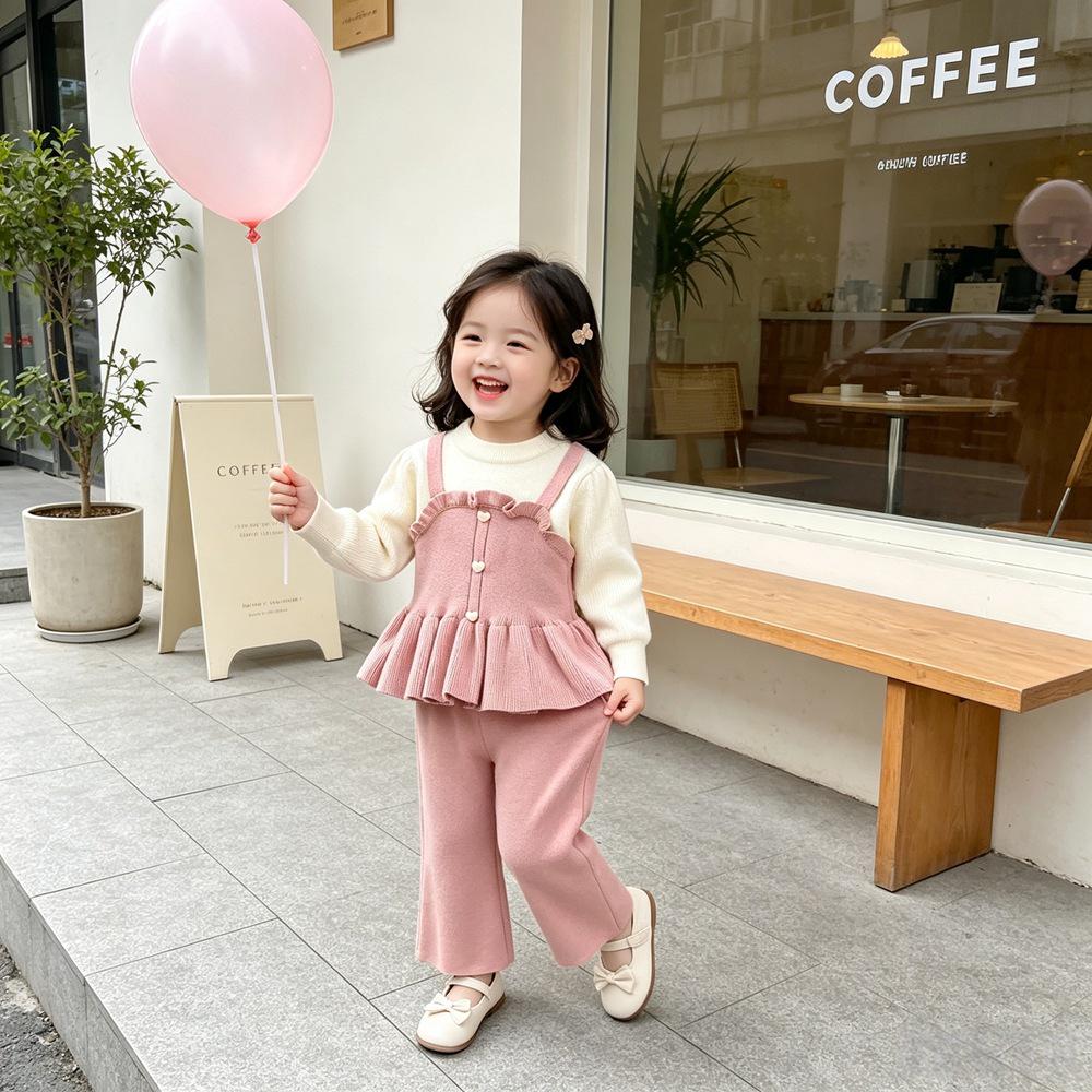 Koreanischer Strick-Zweiteiler für Mädchen: Frühlings-/Herbst-Oberteil- und Hosen-Set für kleine/mittlere Kinder