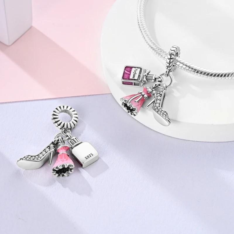 

Copper Plated Pink Perfume Dress High Heels Pendant Fits Charm Plata Genuine Bracelets Bead Women Jewelry Crafting