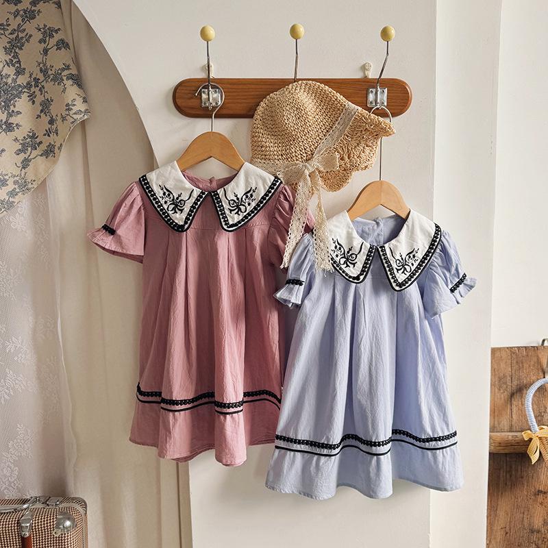 2026 Summer Girls' Princess Dress: French Embroidery with Lace Puff Sleeves and Doll Collar