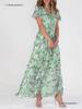 New Beach Pendulum Long Dress Chiffon Floral Short-sleeved Ruffle V-neck Fashionable Waist Dress