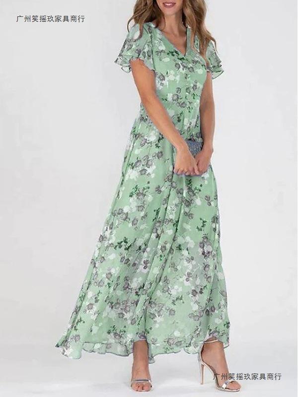 New Beach Pendulum Long Dress Chiffon Floral Short-sleeved Ruffle V-neck Fashionable Waist Dress