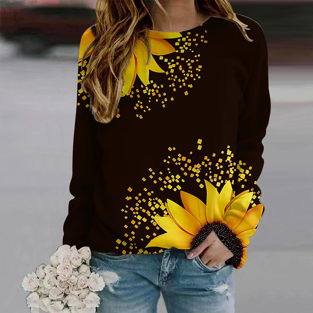 

Осенняя женская модная футболка с круглым вырезом и длинным рукавом, свободная одежда, белая футболка с принтом подсолнуха для девочек, уличная 8XL чёрный