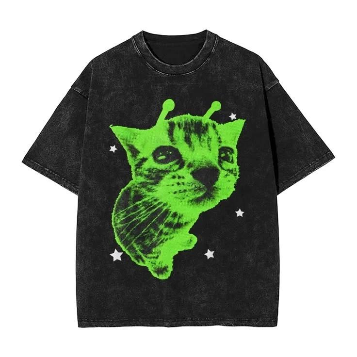 Alien Cat Funny Green Aesthetic Graphic T T-Shirt 2XL