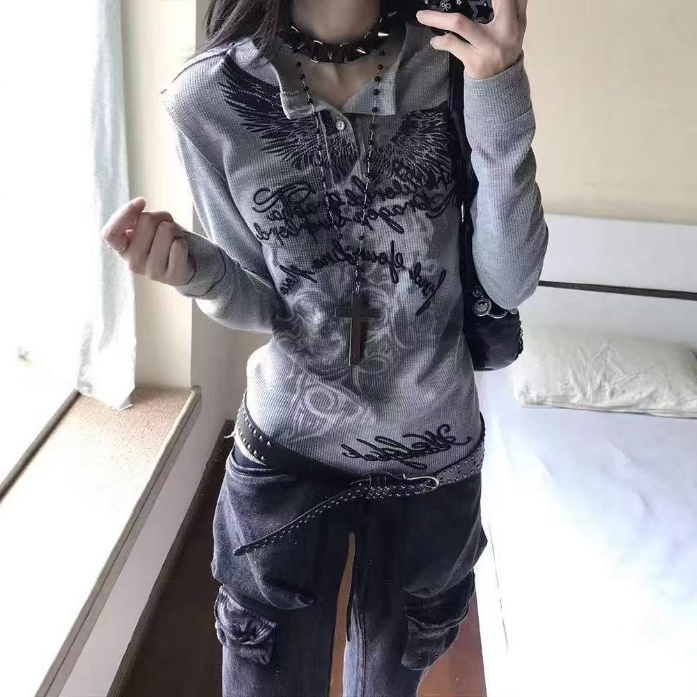 TrendHub Maglietta a Maniche Lunghe Retro Americana da Donna Autunno Stampa Totem Lettere Ricamate Maglia di Base Top