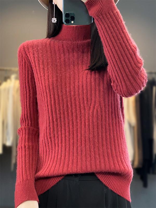 Women's Solid Color Knit Pullover: Autumn & Winter Casual Wool Sweater with Half-High Neck