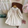 French Print Smocked Girls' Dress with Doll Collar - Spring 2026 Style Long Sleeve Princess Skirt