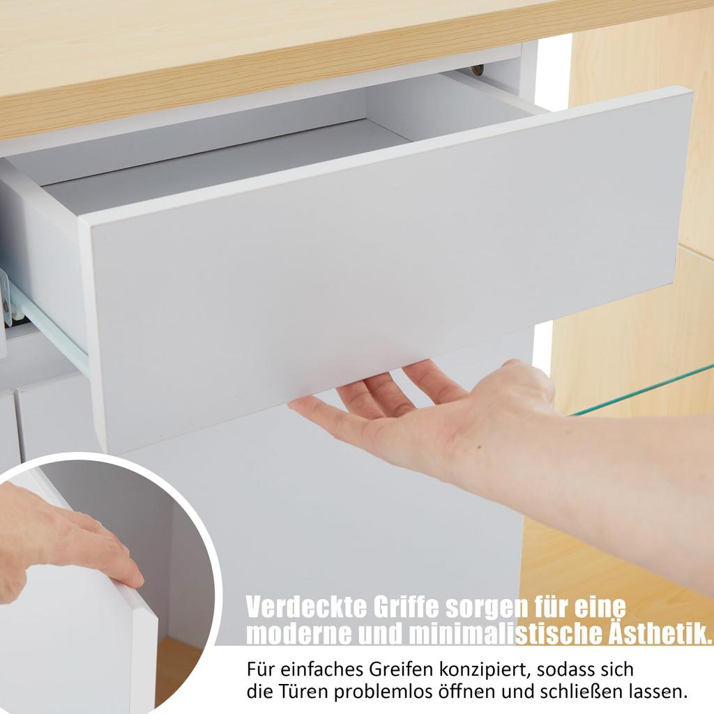 Sideboard Chest of Drawers LED 2 Doors & 2 Drawers & Glass Shelf, Buffet Highboard Ample Storage, Buffets Dining Room Living Room, White & Oak