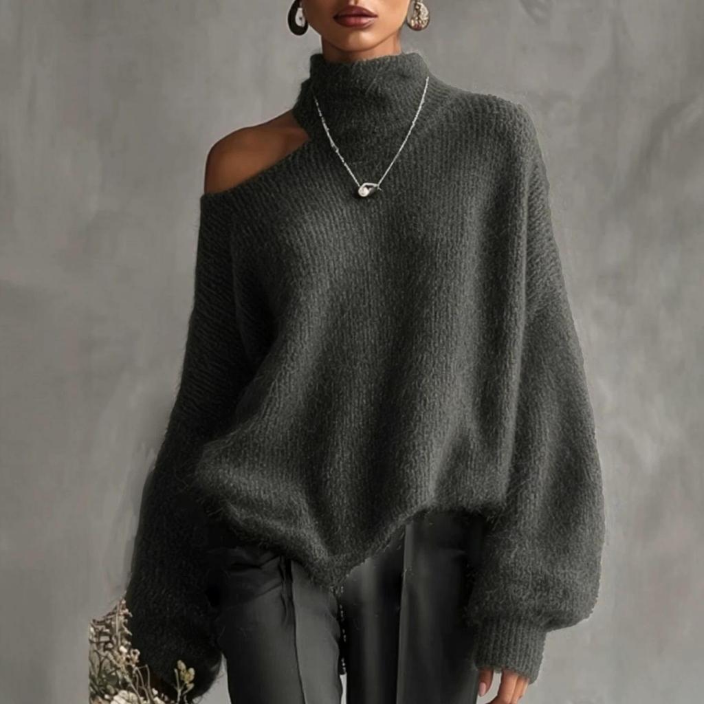 Damenmode Herbst 2026: Lässiger lockerer Pullover mit schrägem Ausschnitt und Puffärmeln