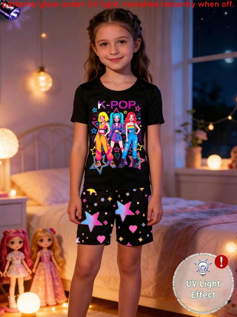 Lässige Kpop Beliebte Cartoon-Print Sommerkleidung für Mädchen Rundhals Kurzarm und Shorts Tägliche Kleidung Kinderkleidung Mädchen