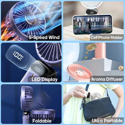 2025 New Model 1200mAh USB Handheld Mini Fan Foldable Portable Neck Hanging Fans 5 Speed USB Rechargeable Fan