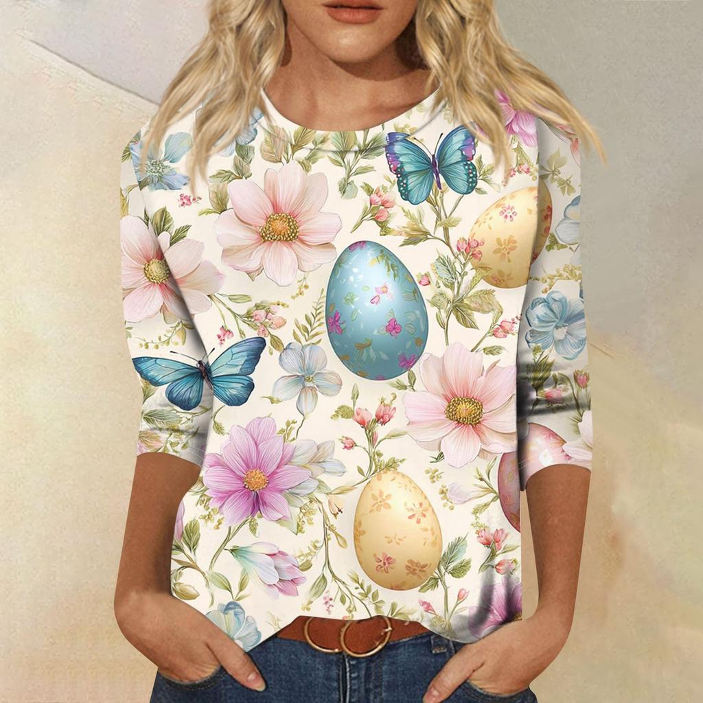Women's Fashion Casual Sleeve Easter Elements Print Round Neck Top