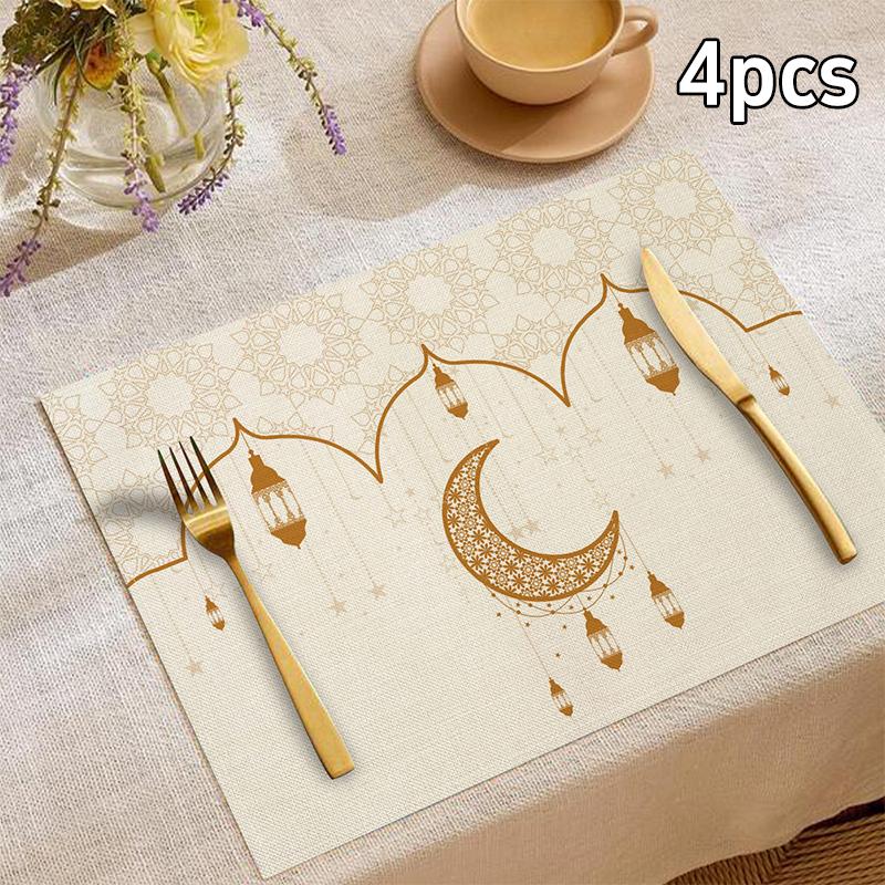 Islamic Style Moon Architecture Linen Table Mat Middle East Ramadan Rectangular Heat-resistant Placemat Accessories Cute Gifts