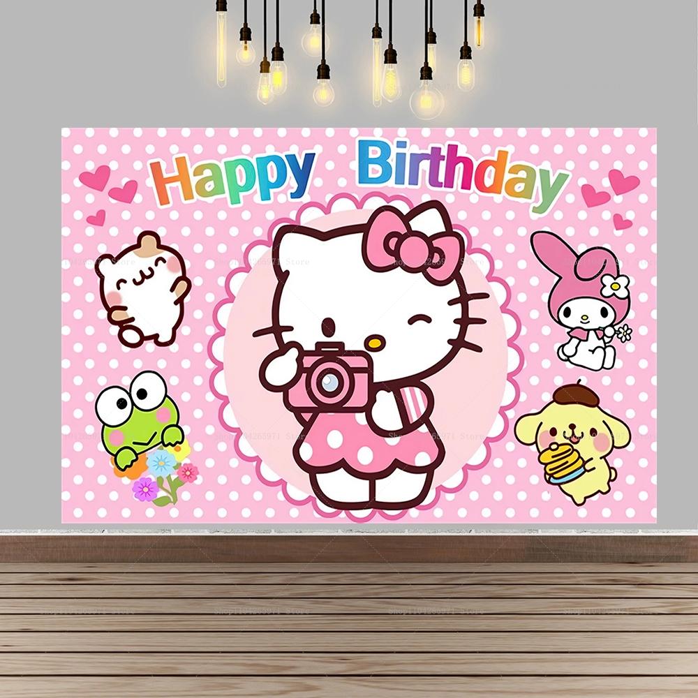 Cartoon Hello Kitty Pink Backdrop Happy Birthday Sweet Theme Kids Girls Baby Shower Party Photo Background Banner Decor Props