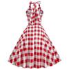 Women's sexy mid-length flared dress with a lapel collar, open front, checked pattern, halter neck and open back