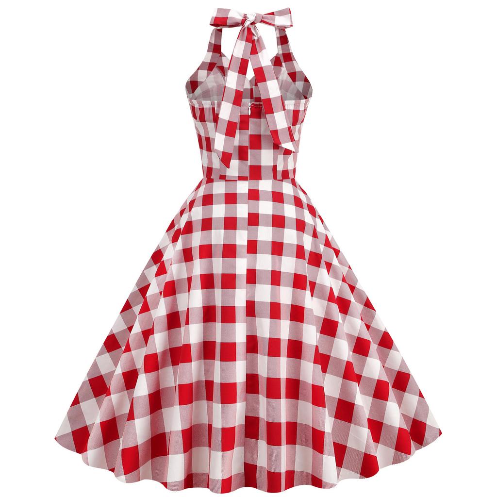 Women's sexy mid-length flared dress with a lapel collar, open front, checked pattern, halter neck and open back