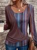 Women Elegant Striped Long Sleeve T-shirt U Neck Printed Casual Fashion Collarless Pullover Top