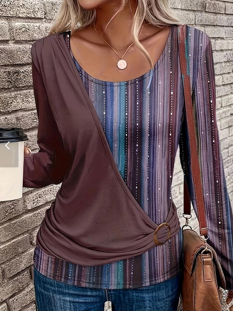 Women Elegant Striped Long Sleeve T-shirt U Neck Printed Casual Fashion Collarless Pullover Top