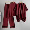 Winter suit design sense color matching long-sleeved versatile high-waisted wide-leg pants sweater knitted cardigan three-piece set women