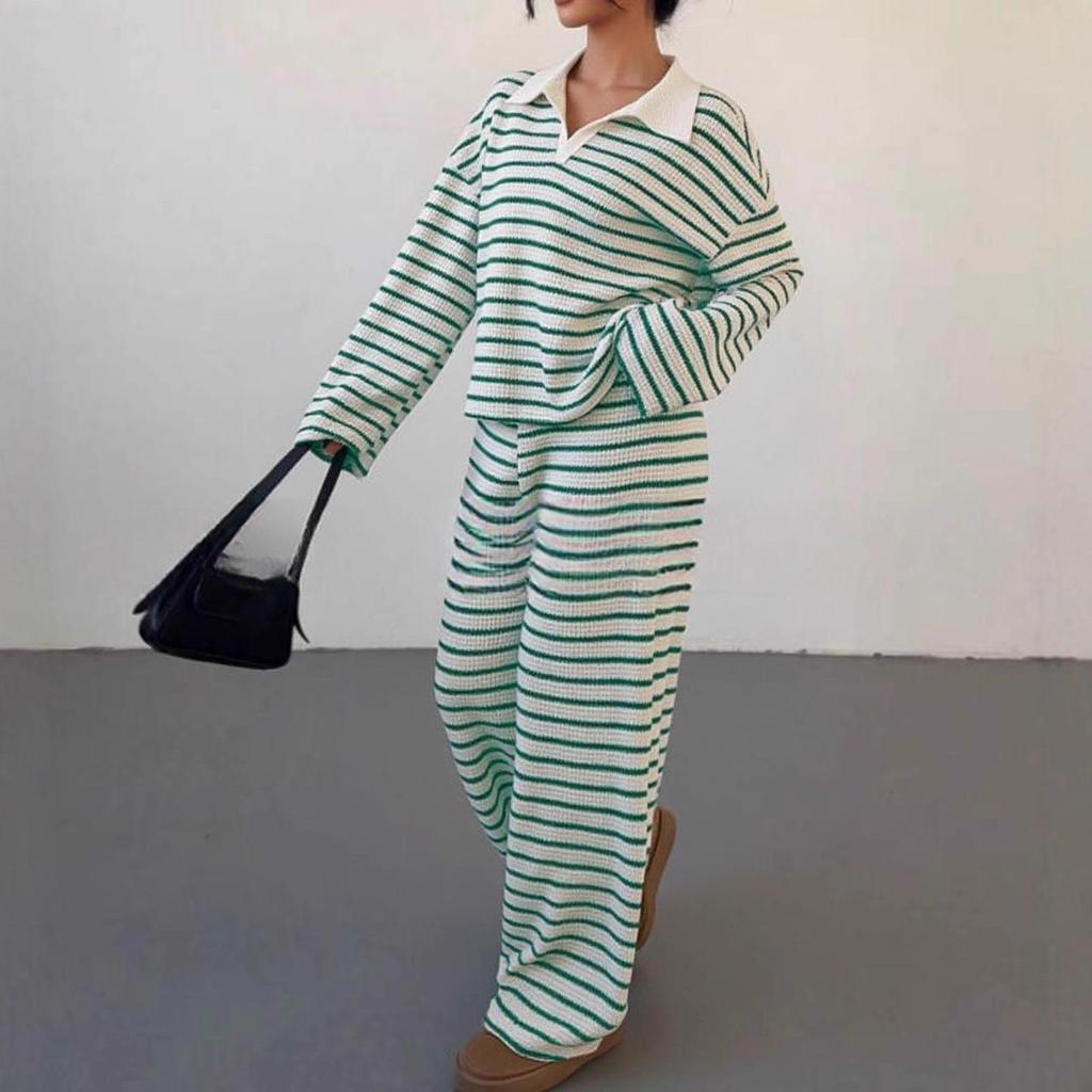 2025 Autumn Winter Striped Lapel Knit Top & Casual Trousers Set