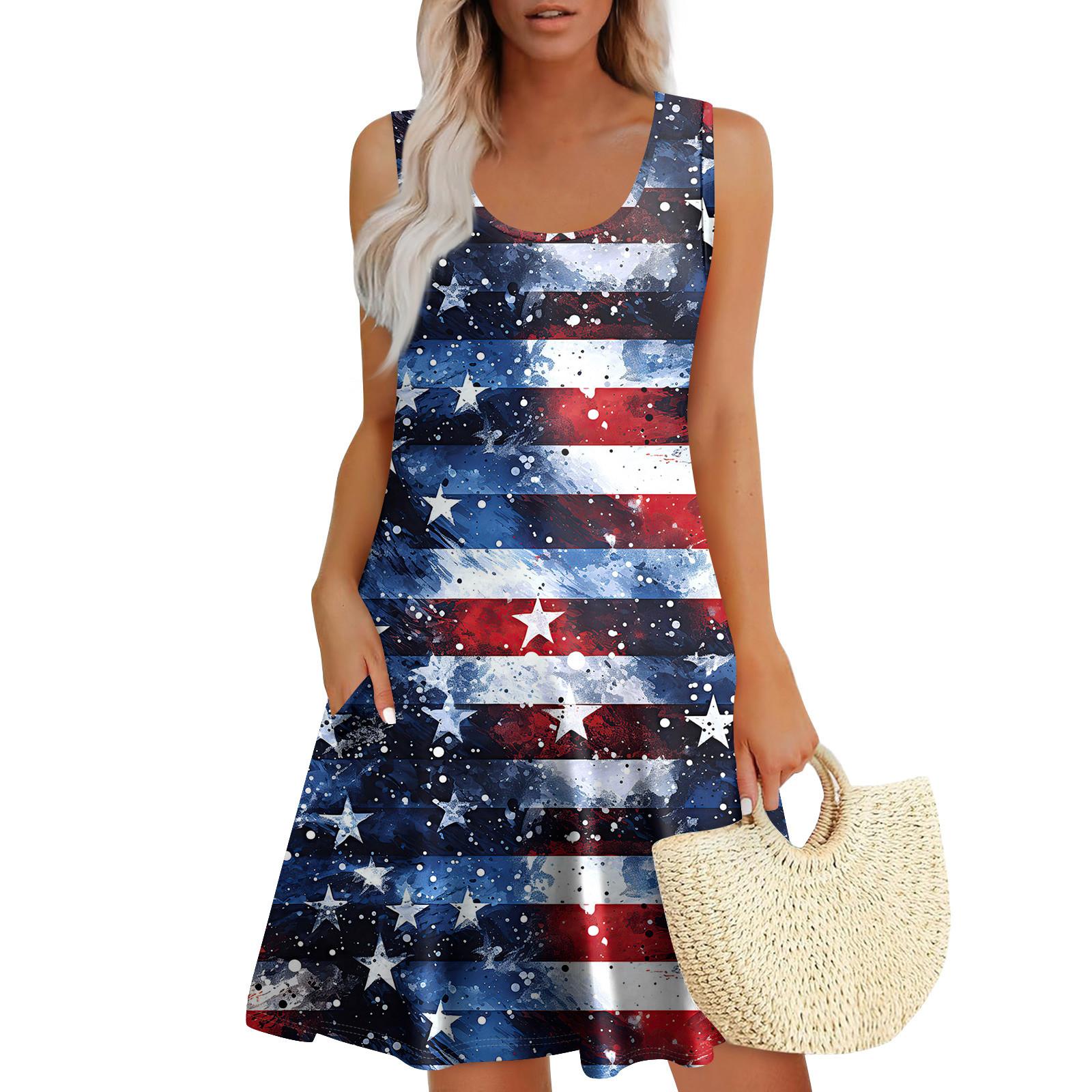 

Womens Summer Dresses Print Loose U Neck Sleeveless Sundresses Dress With Pockets S