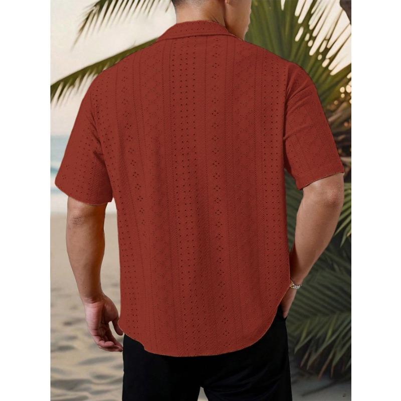 Men Notch Collar Short Sleeve Shirt Hollow Eyelet Jacquard Textured Full Button Loose Vacation Breathable Casual Blouse