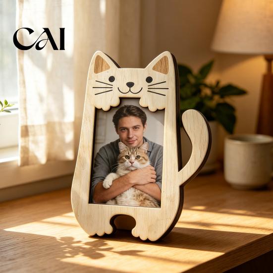 Cadre Photo Minimaliste en Bois de Pin Cadre Photo Animal Mignon, Support en Bois Rustique, Chat Petit pour Étagère Ours Bureau à Domicile Affichage Support Polyvalent