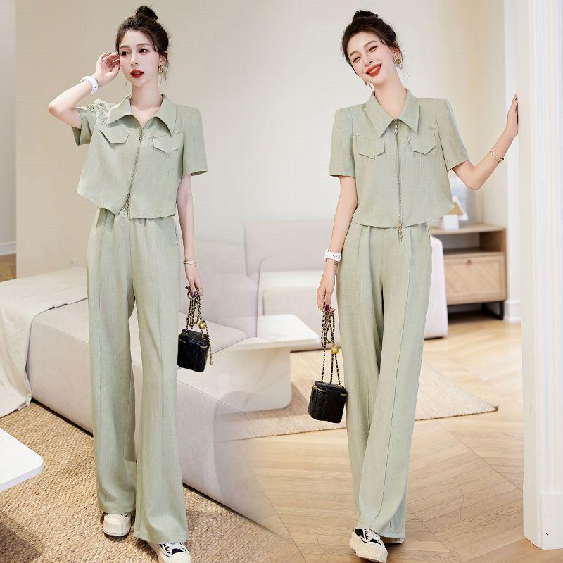 

Summer 2026 Elegant Casual Two-Piece Set: Short-Sleeve Shirt & Wide-Leg Pants M (suggested under 50 kg) зелёный