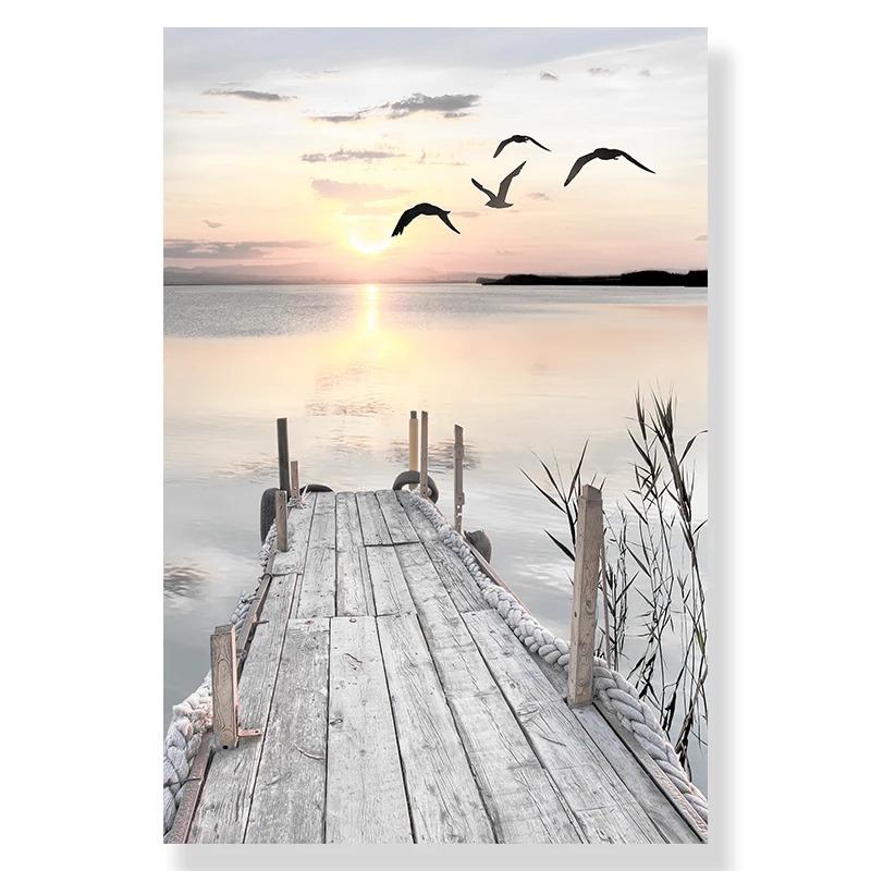 Sea Landscape Canvas Print Beach Poster Wooden Bridge Hay Flower  Wall Art Painting Nordic Wall Pictures For Living Room Decor