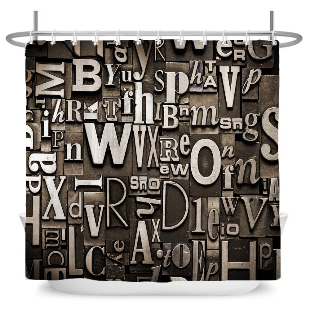 Vintage Rustic Style Wood Grain Letter Shower Curtains Bathroom Curtain Waterproof Polyester Decor Curtain with Hooks Wall Cloth