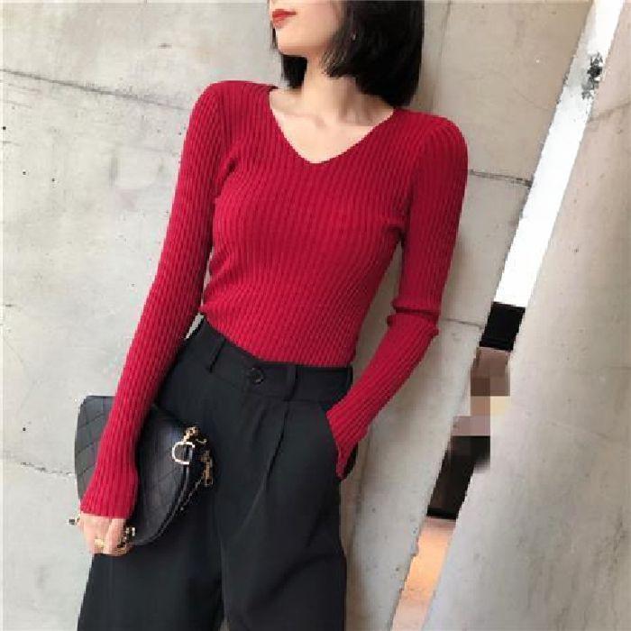 V-neck Women's Knitted Sweater, Long-sleeved, Versatile Base Layer Sweater