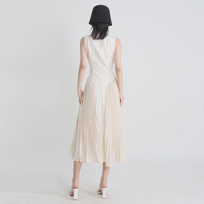 2025 Spring French Style Sleeveless Contrast Stitch Pleated Dress