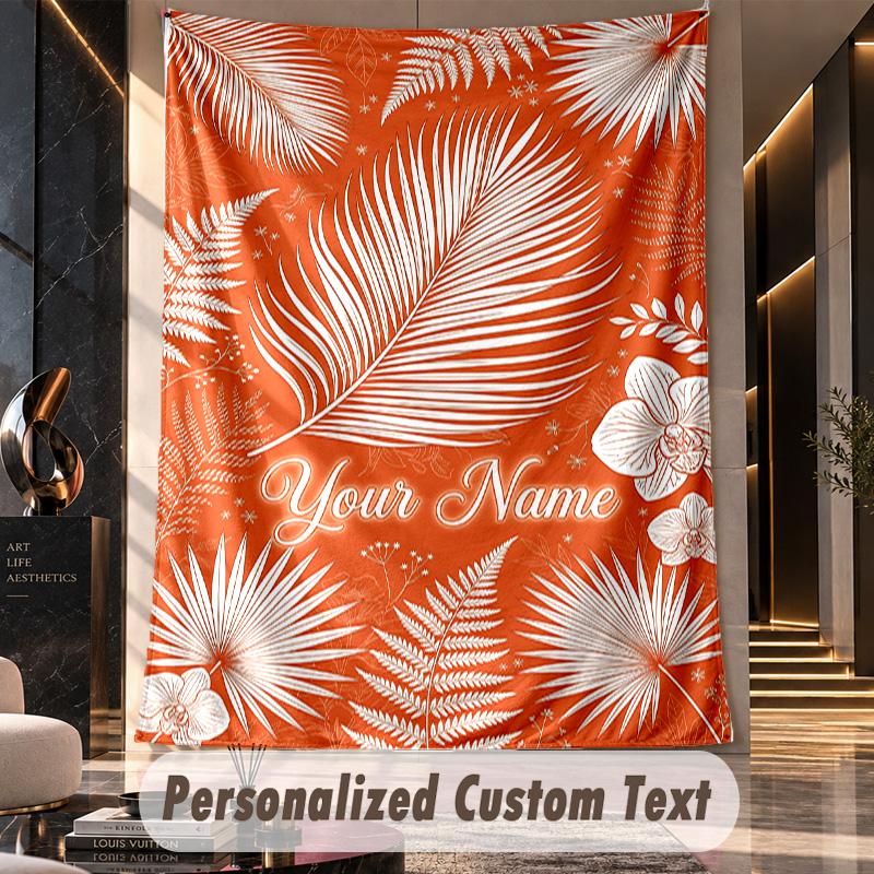 Tropical Leaves Elegance Theme Wall Tapestry Customized With Name Text Personalized Hanging Tapestry For Bedroom Living Room Decor