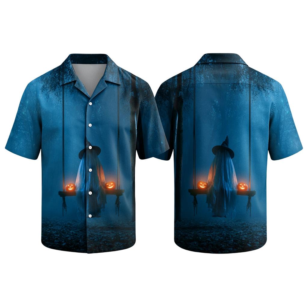 Men's Casual Short Sleeve Button Down Shirt Halloween Print Camp Collar Relaxed Fit Lightweight Top