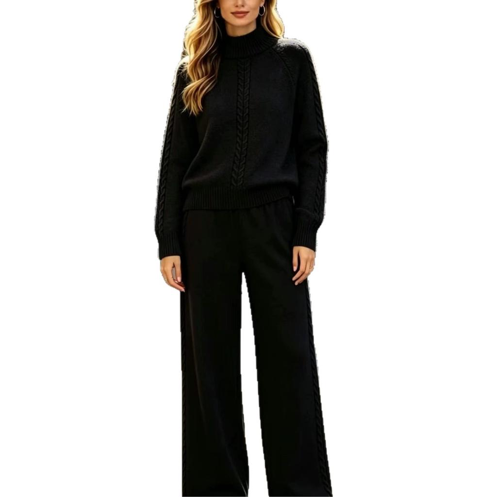 High-necked twist sweater set Women's loose sweater High-waisted wide-leg pants Two-piece set Lazy wind casual set
