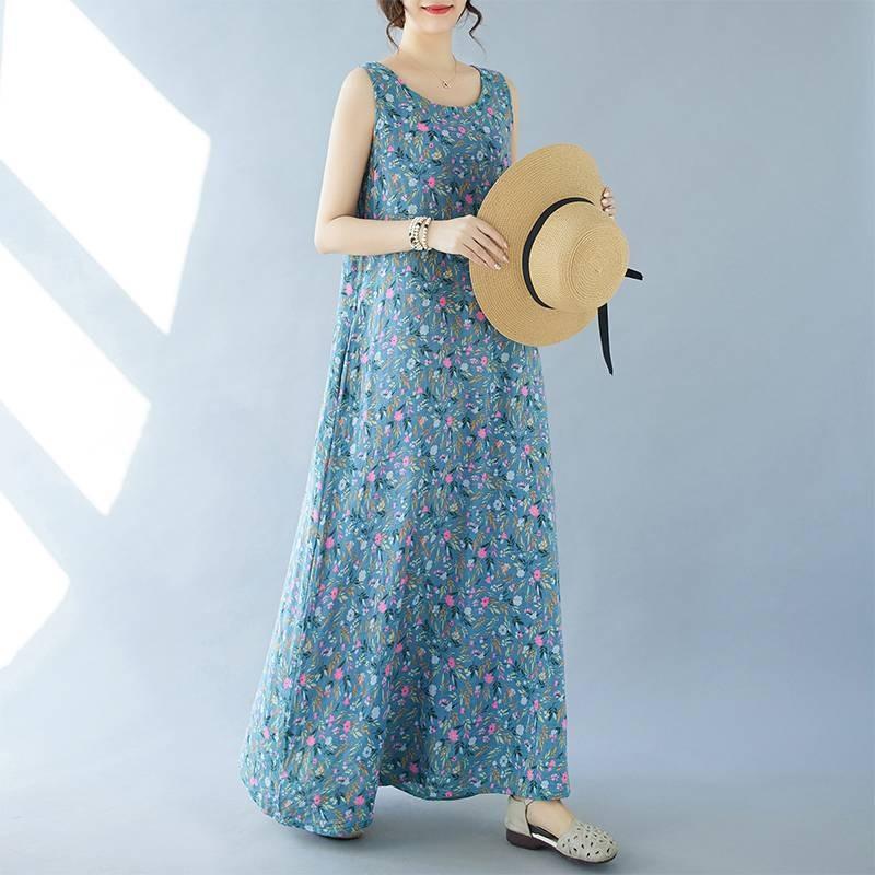 Summer Plus Women's Retro Artistic Loose Print Sleeveless Cotton Linen Dress Vest Suspender Casual Dresses