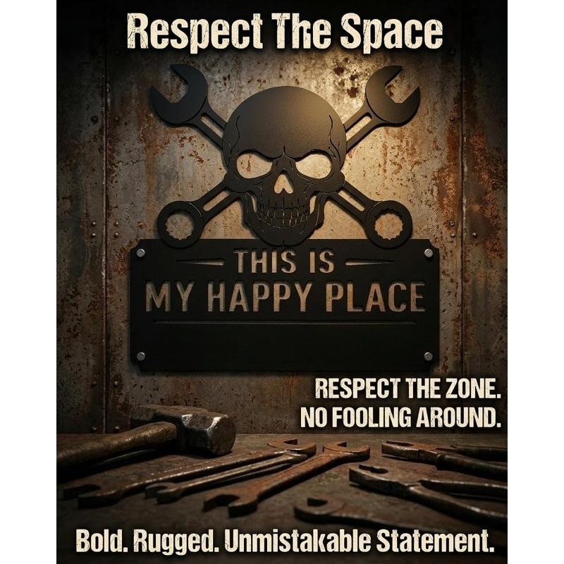 Funny Garage Metal Sign “This Is My Happy Place Don’t Mess It Up” Skull  Crossed Wrenches Wall Decor, Black Metal Sign for Garage, Man Cave, Workshop,