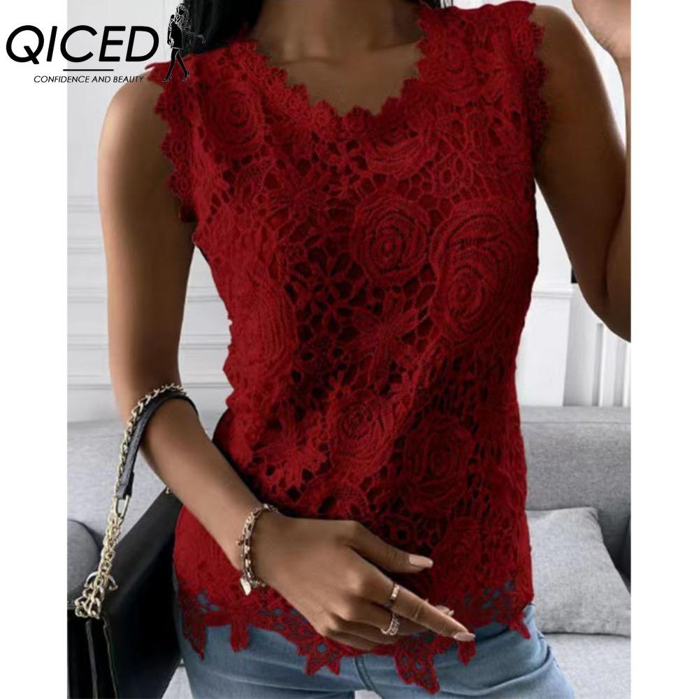 QICED Women's Fashion Casual Solid Color Print Sleeveless O Neck Blouses & Shirts