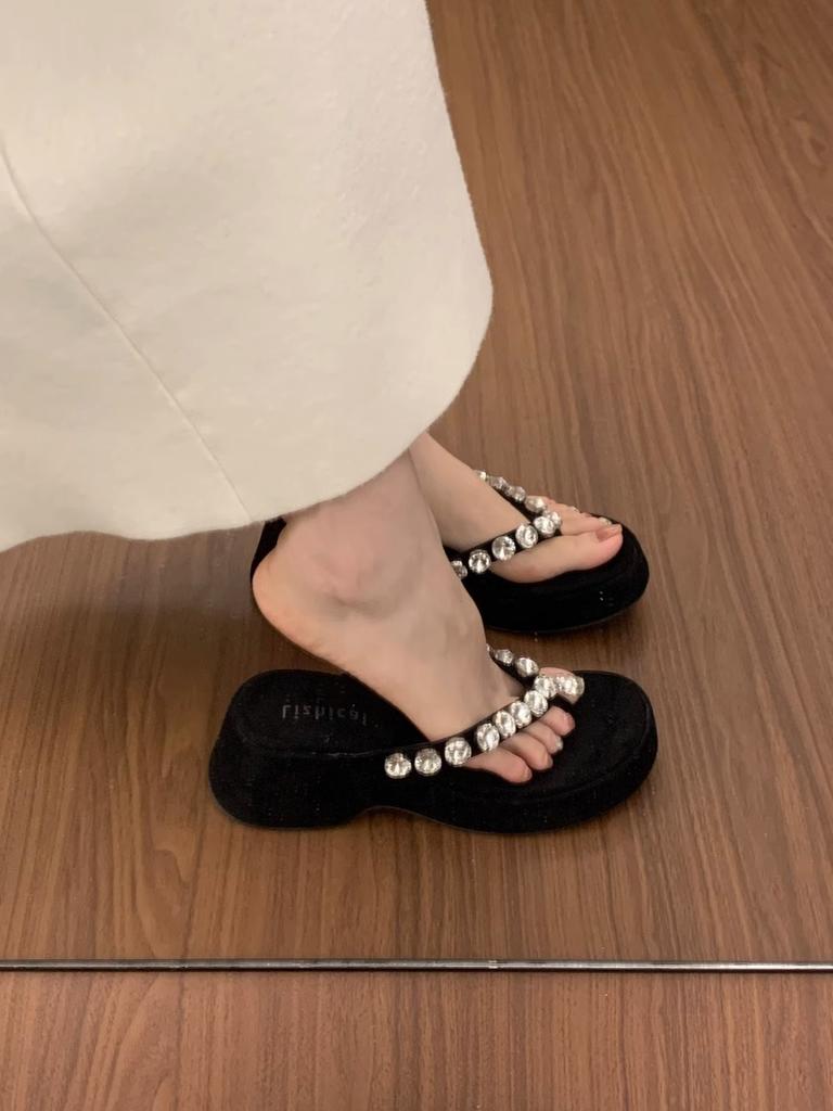French Gao Grade Wedge Heel Flip-flops Shoes Women's Summer Wear with Skirt Rhinestone Muffin Bottom Cool Slippers Women
