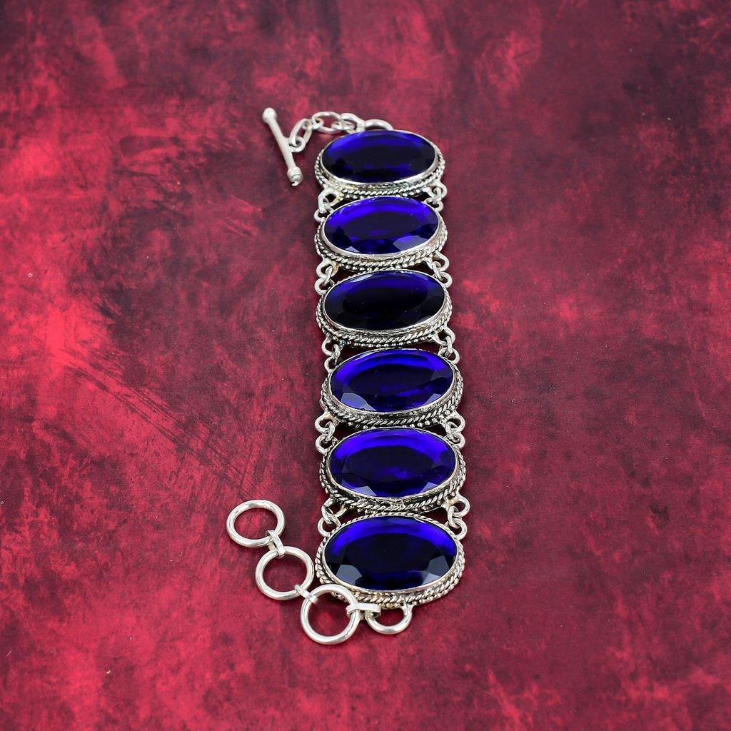 Blue Sapphire Lab-Created 925 Solid Sterling Silver Jewelry Bracelet, Beauteous Gemstone Jewelry, Handmade Sapphire Bracelet For Women