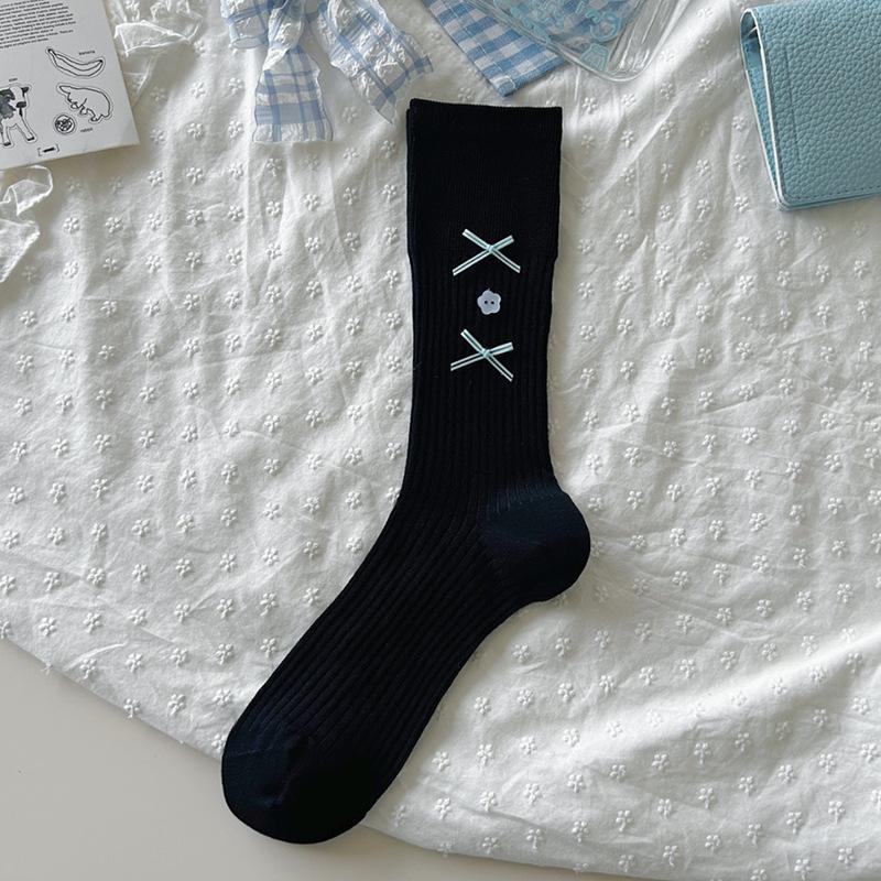 Ballet Style Solid Color Bow Mid Tube Socks Summer Cotton Lightweight Breathable Fashionable Soft Comfortable Casual Women Socks