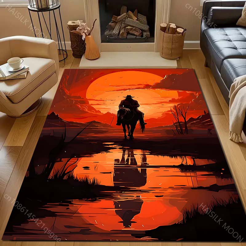 1PC Horseman with Red Sunset Carpet for Living Room Bedroom Sofa Home Decor Rus Non-slip Floor Mat Luxury Gift