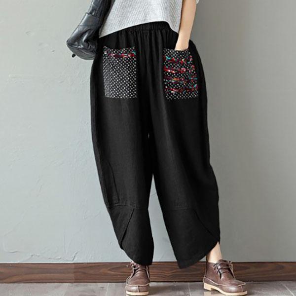 

Ladies Spring Wide Leg Pants Loose Trousers Patchwork Hemp Harem Pants XXL чёрный