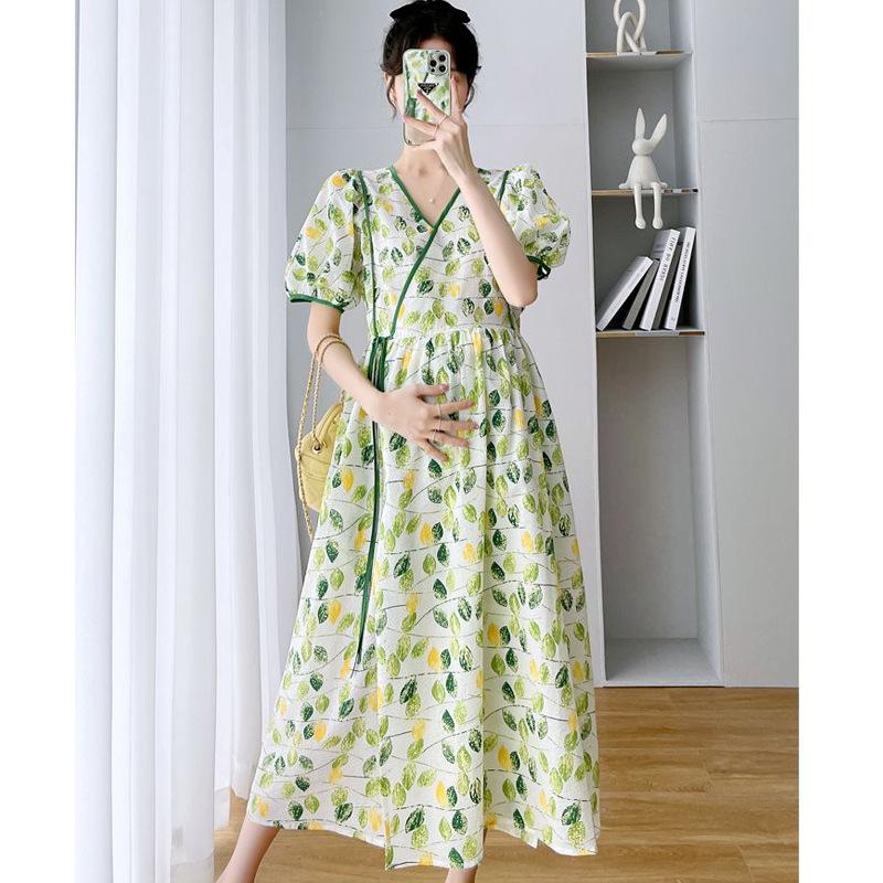 

Беременный воротник маленький свежий летний короткий рукав дышащий средней длины большой размер свободный прикрывающий живот и тонкий модный платье 3XL recommends 165-92.5 kg