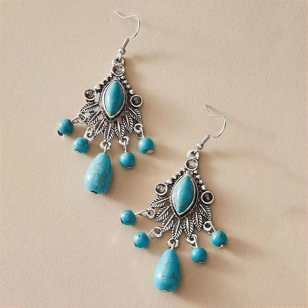 Retro Earrings, Water Drop Turquoise Temperament Earrings, Ethnic Turkish Blue Fringed Earrings.
