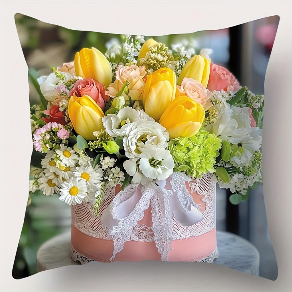 Colorful Flower Bouquet Patterned Cushion for Home Polyester pillowcase, sofa decorative cushion cov Headboard Pillow