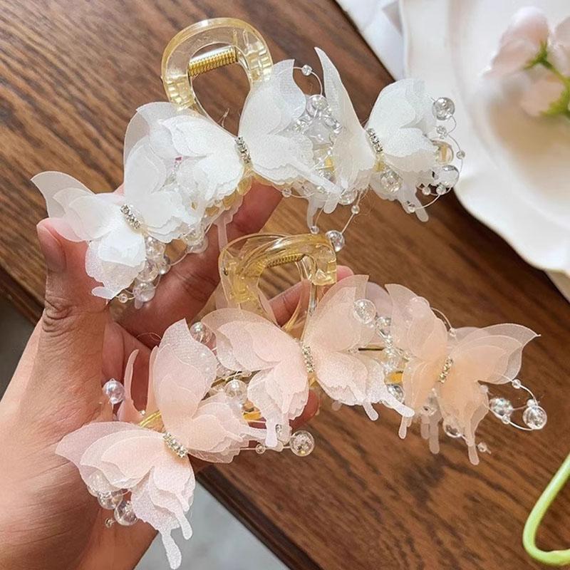 13cm Chiffon Bead Tassel Hair Claw Jaw Elegant Fairy Butterfly Hair Clip Crab Girls Large Hairpins For Women Hair Accessories Headwear