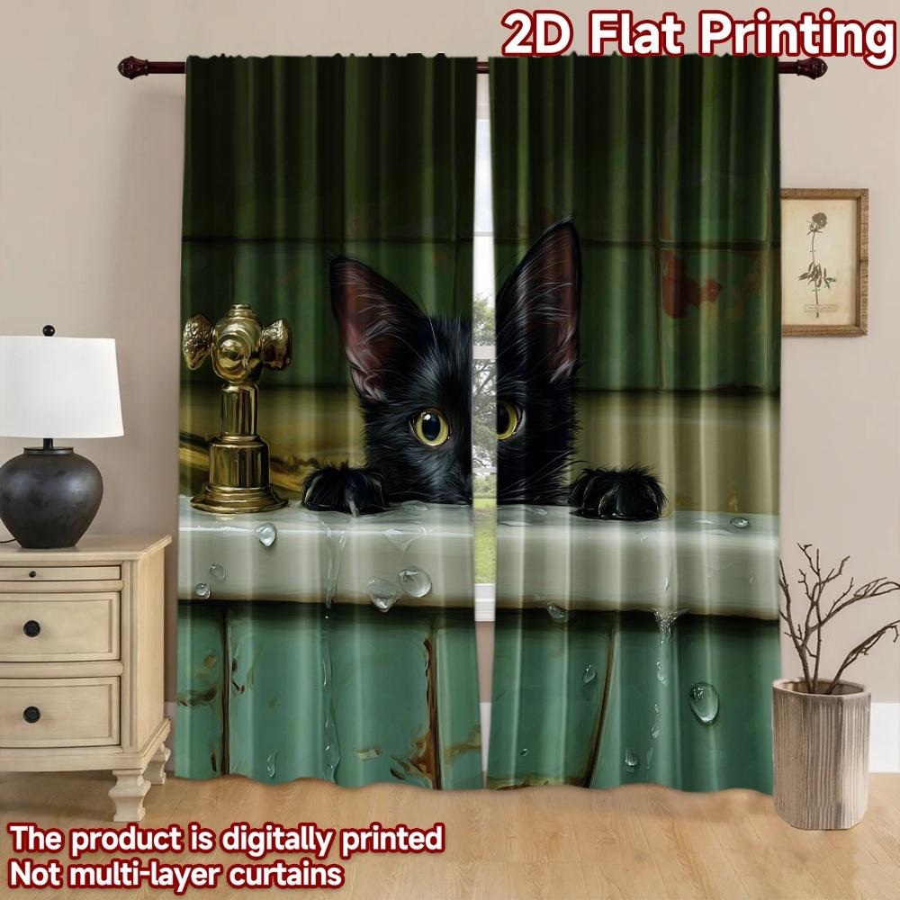 2D flat printing 2pcs Curtain Black Cat Bathing Digital Printed Polyester Drapes Party Decorations for Parties and Everyday use
