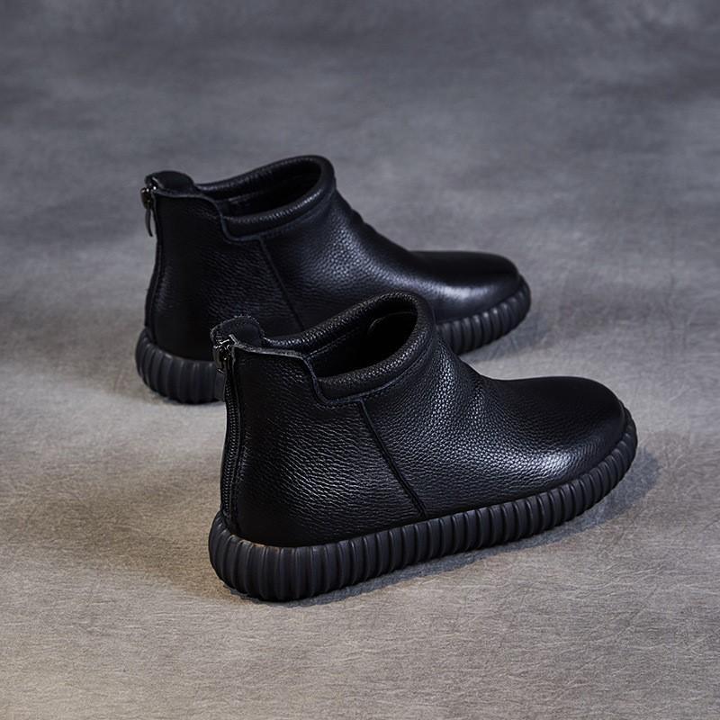 Johnature Genuine Leather Ankle Boots Casual Versatile Solid Color Soft Soled Flat Short Boots Women's Shoes