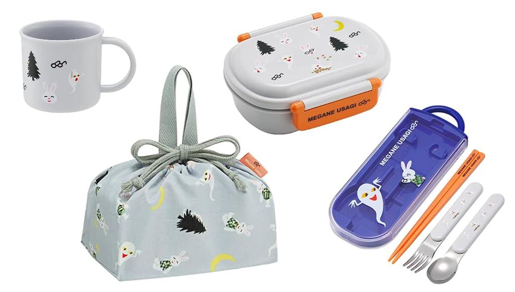 Skater Glasses Rabbit 23 Antibacterial Soft Lidded Lunch Trio Set Lunch Picture Lunch Set Box, Oval, 360ml, (Chopsticks, Spoon, Fork), Cup, Pouch,