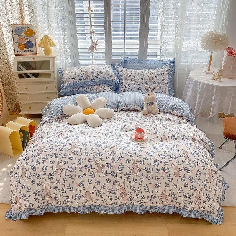 Korean Style Bed Skirt Four-piece Set Pure Cotton Edge Bed Sheet Thickened Plant Cashmere Brushed Skin-friendly Bedding